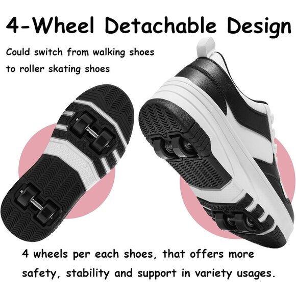 Kids Black-white Detachable Wheeled Fashion Sneakers Roller Skate Shoes - Picture 4 of 5